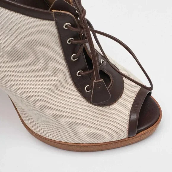 Hermes Off White/Brown Canvas and Leather Platform Booties Size 37 488-050125 - Picture 5 of 9